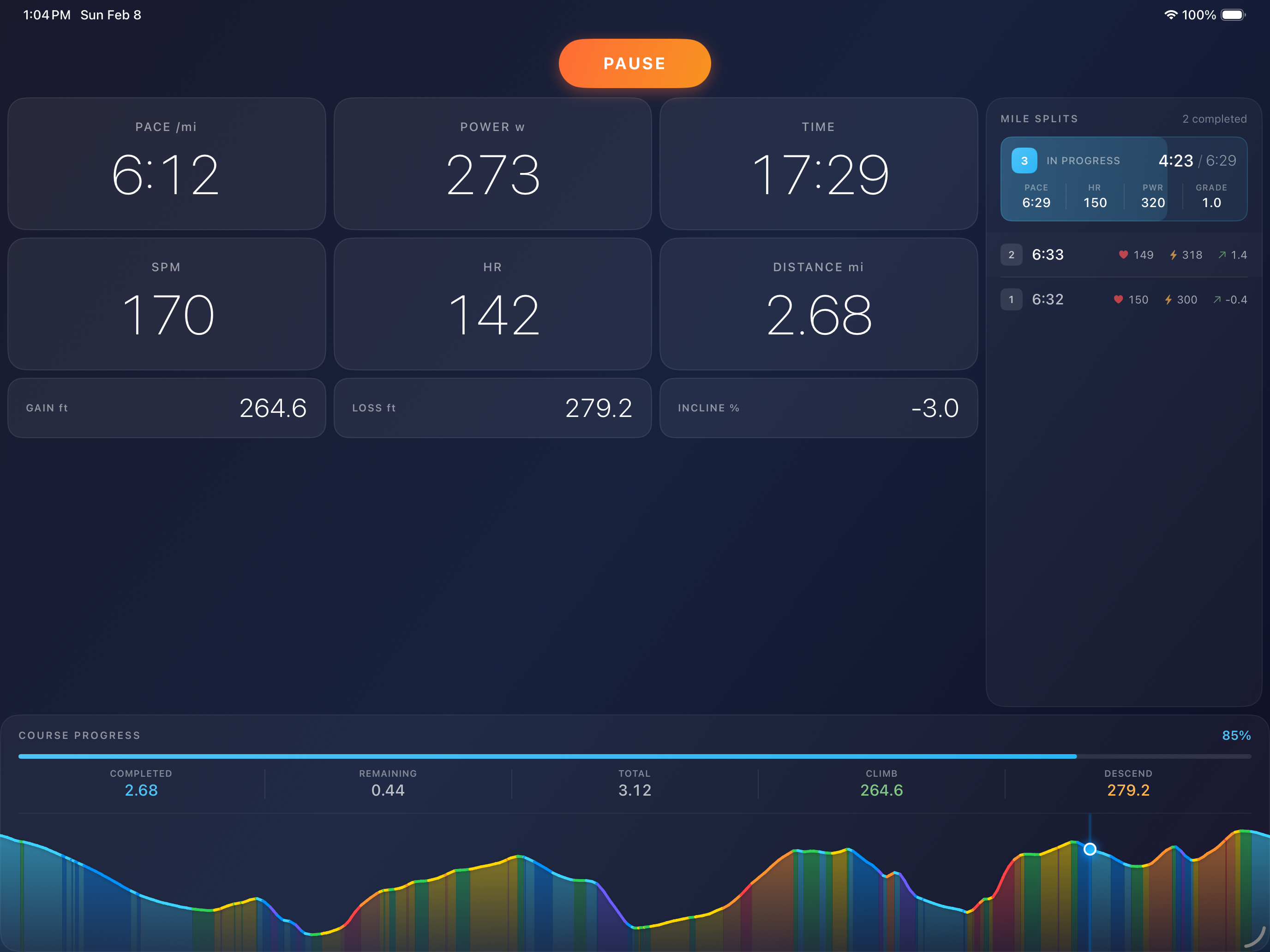 PowerTread course simulation in-progress run view