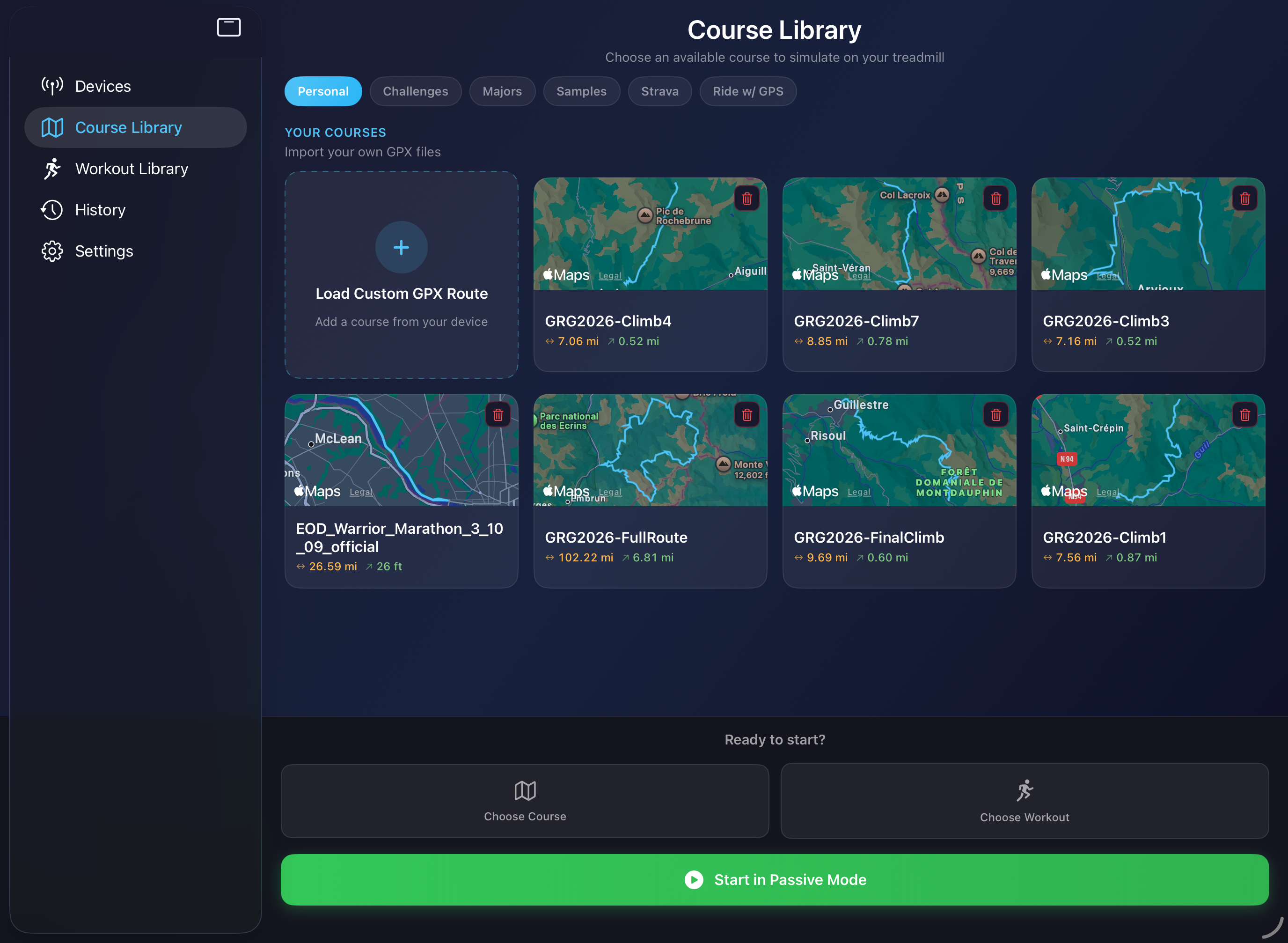 PowerTread GPX course import screen
