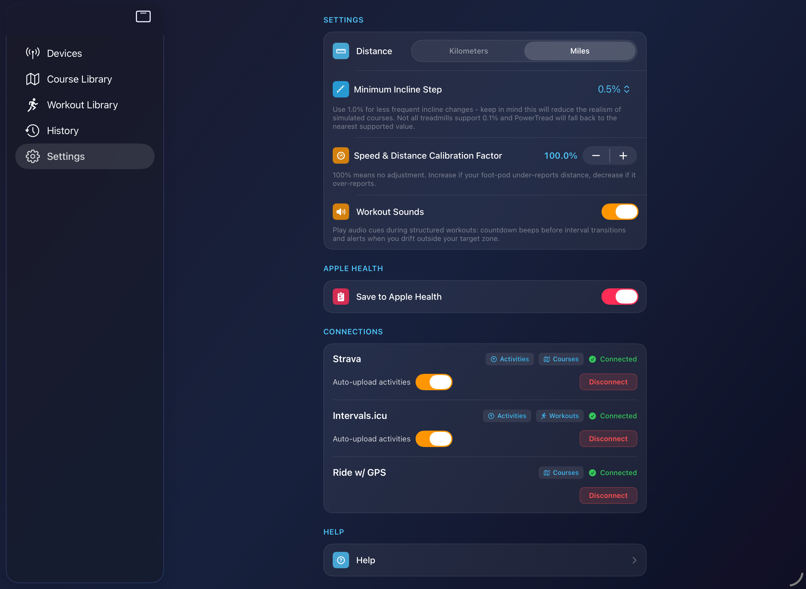 PowerTread settings screen for personalizing your experience