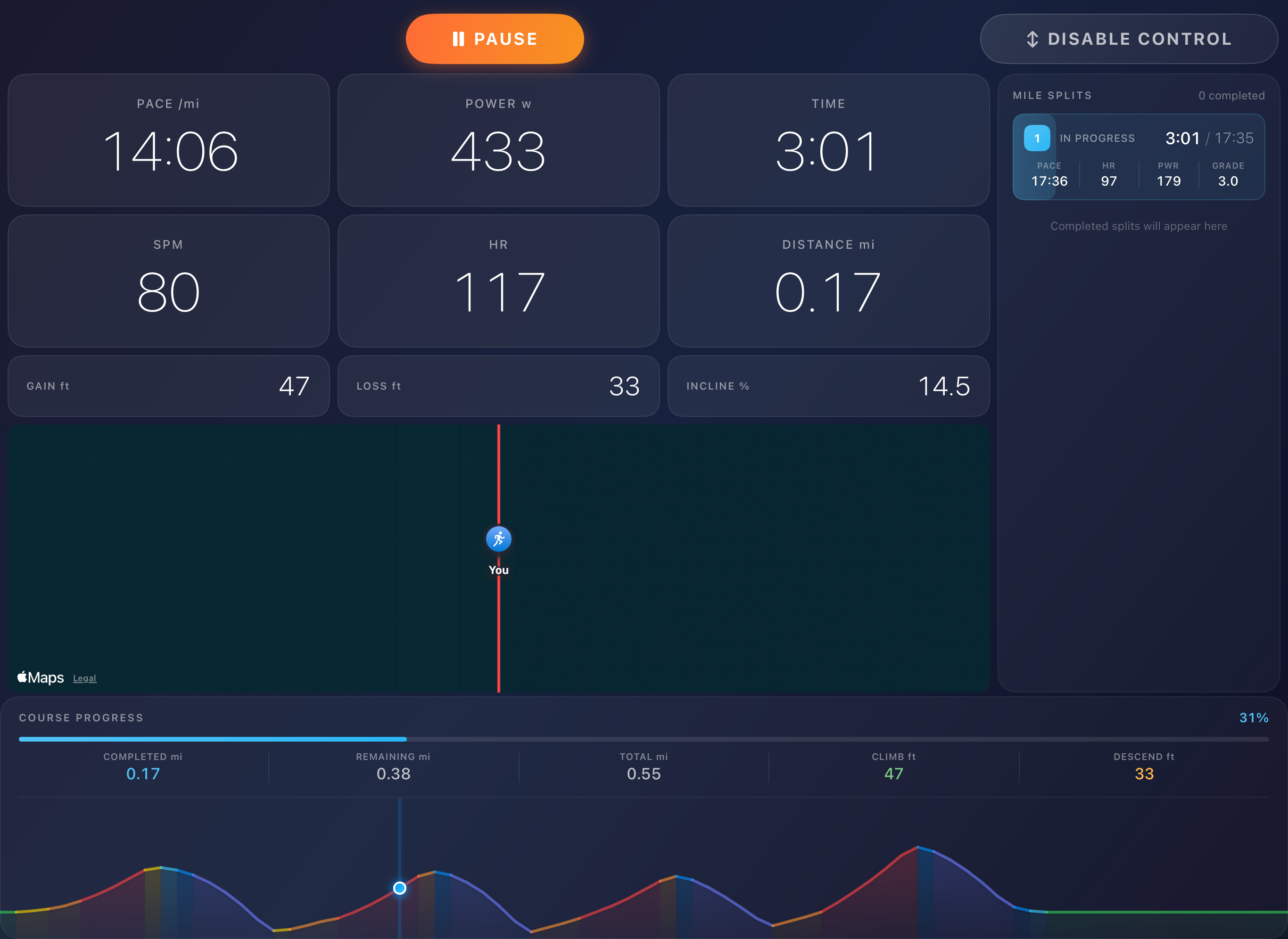 PowerTread simulation screen showing live sensor data and incline control
