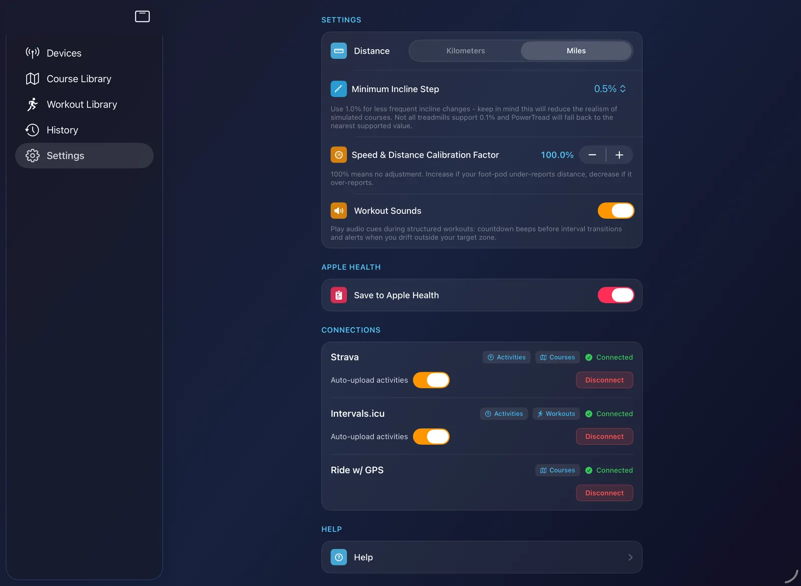 PowerTread settings screen for personalizing your experience