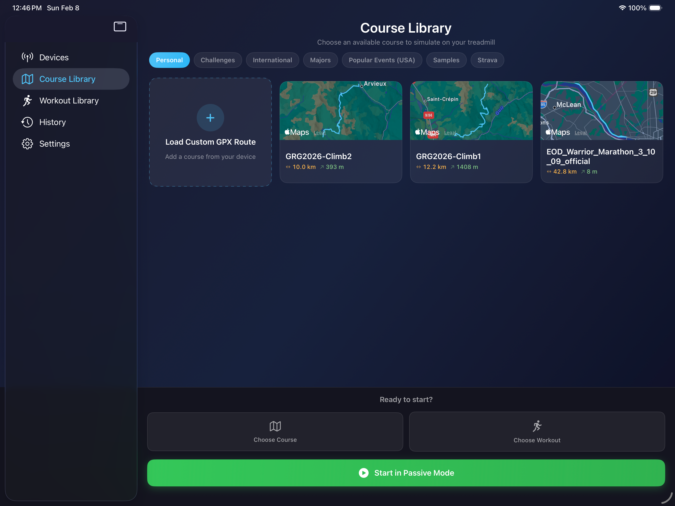 PowerTread course library with saved and featured routes